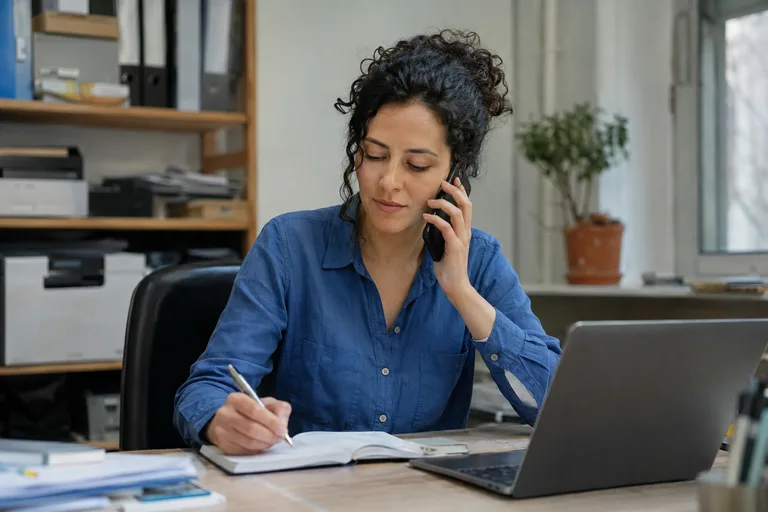 Une professionnelle au téléphone prend des notes à son bureau.