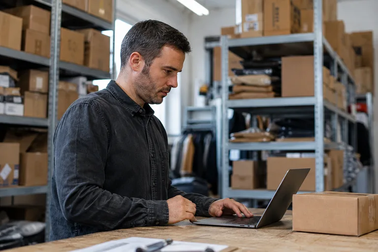 Un professionnel prépare une commande sur ordinateur dans une réserve.