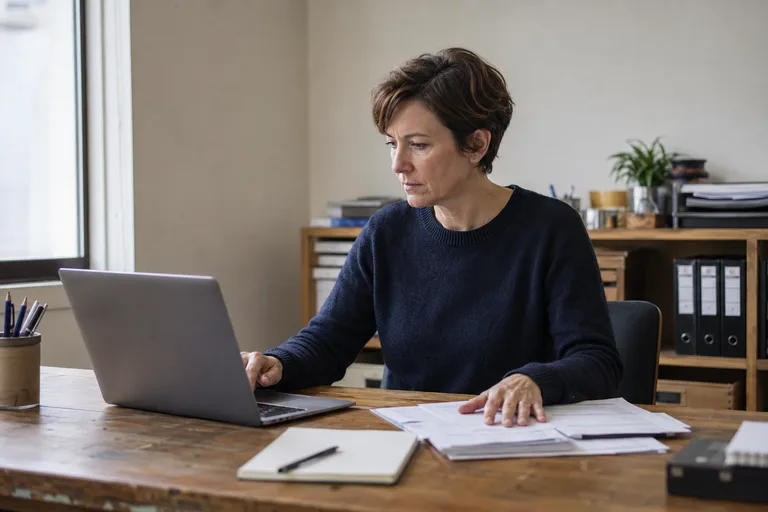 Une professionnelle consulte ses dossiers devant son ordinateur.