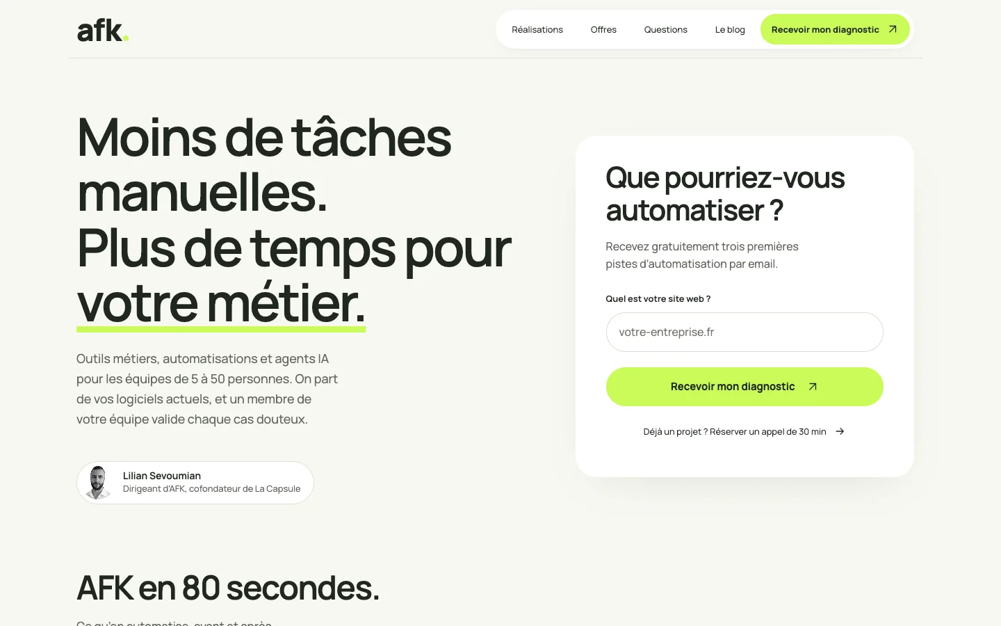 Page d’accueil claire du site agenceafk
