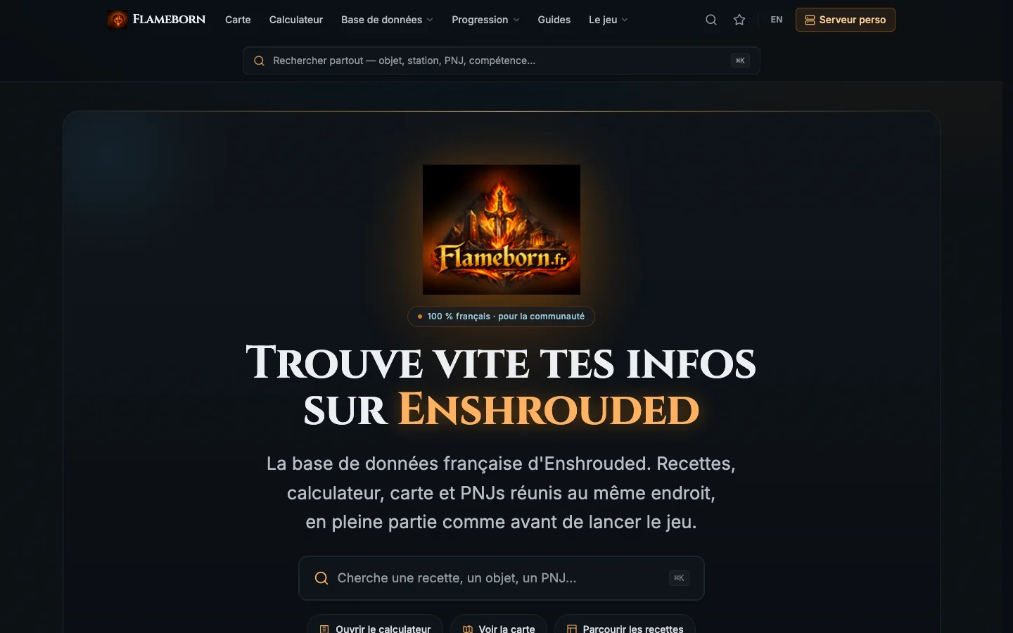 Page d’accueil sombre de la base de données Flameborn