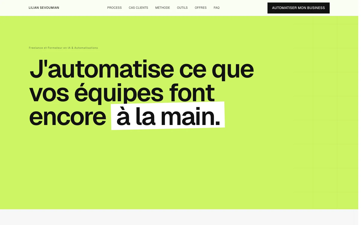 Page d’accueil du site Lilian Sevoumian, sur fond lime